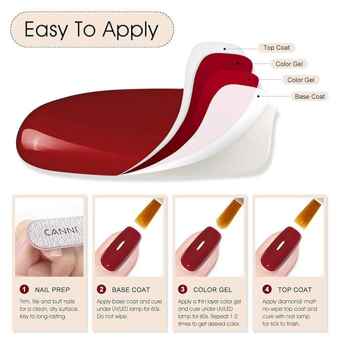 CANNI Red Gel Polish, 1Pcs Deep Dark Red Color Nail Polish Gel High Gloss Soak Off UV French Nail Manicure Salon DIY