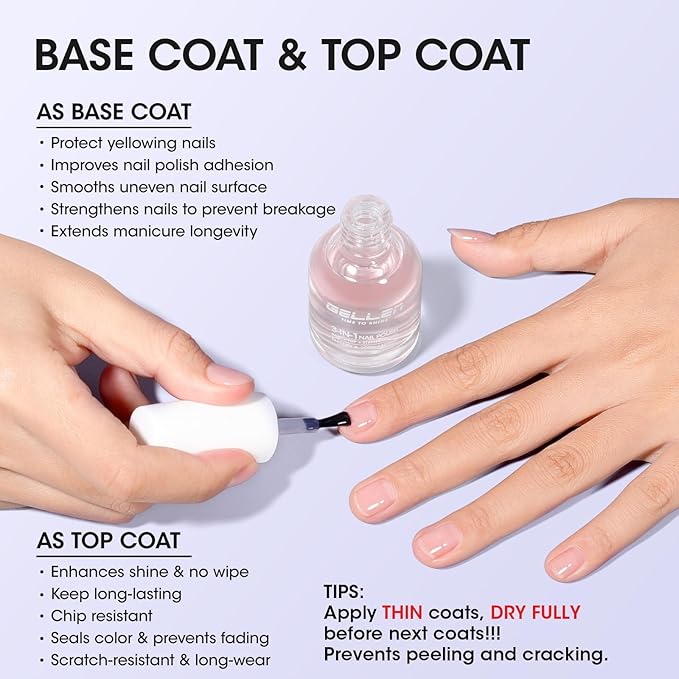 Gellen 3-In-1 Clear Nail Polish Base Top Coat & Strengthener, Sheer Nail Polish Hydrates Strengthens Nourishes Weak Damaged Dry Nails, Keratin & Vitamin E Formula, Hema Free, Non-toxic, Anti-yellowing