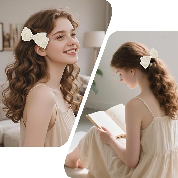 2pcs beige hair bows for girls, cute bow hair clips for women, beige bow with alligator clip, christmas and valentines hair bows, hair accessories for girls