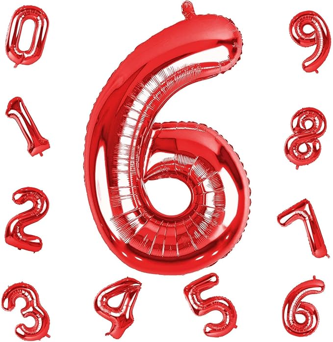 40 Inch Red Large Numbers Balloons 6, Self Inflating Digit 6 Helium Balloons for 6th Girls Boys, Foil Mylar Big Number Balloons Set 0-9 for Women Men Birthday Party Anniversary Supplies Decorations