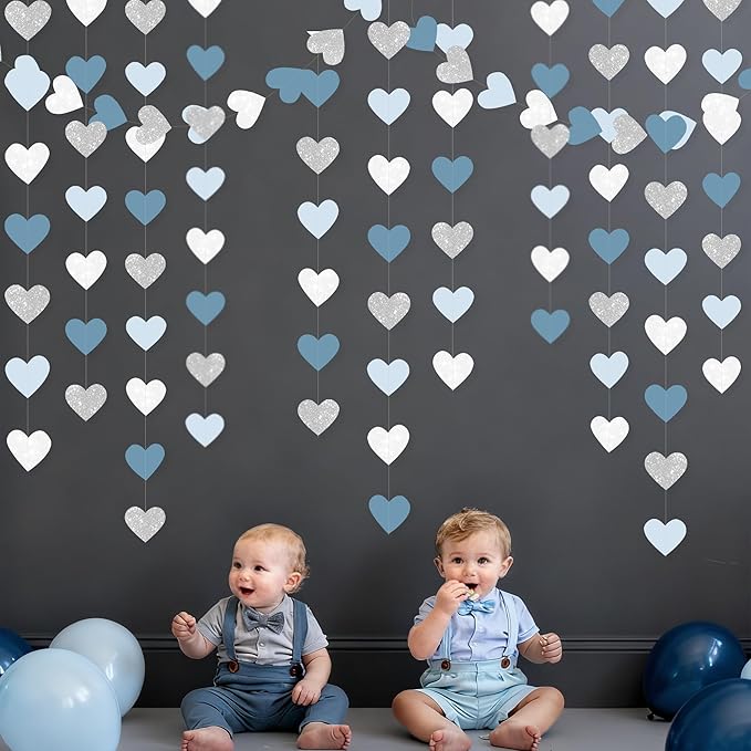 Silver Blue White Heart Party Decorations Dusty Blue Glitter Paper Silver White Love Heart Hanging Garland Streamer Banner for Birthday Baby Shower Valentines Day Anniversary Wedding Party Supplies
