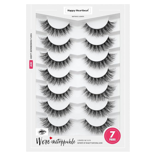 3D Clear Band Lashes 14mm Natural Soft Faux Mink Lashes C/D Curl Cat Eye Wispy Fake Eyelashes Short Cross Reusable False EyeLashes 7 Pairs (No.200)