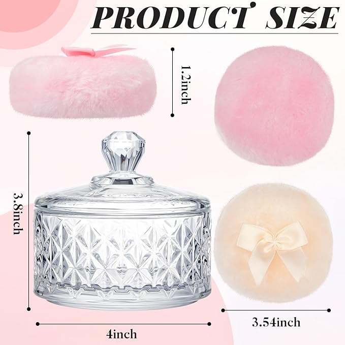 Tioncy 3 Pcs Large Body Powder Puff and Container Powder Container with Puff Crystal Case Soft Washable Reusable Velour Face Body Glitter Wet Dry Makeup(Diamond,Clear)