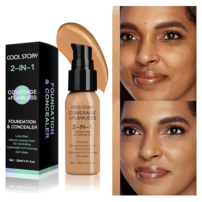 2-in-1 Foundation and Concealer Long Wear Natural Matte Finish Lightweight Coverage (Medium Tan)