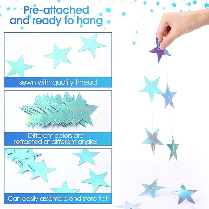 Patelai Glitter Star Garland Banner New Years Decor 130 Feet Star Hanging Banner Twinkle Backdrop for Birthday Classroom Wedding Halloween Christmas Party Supplies(Iridescent Blue)
