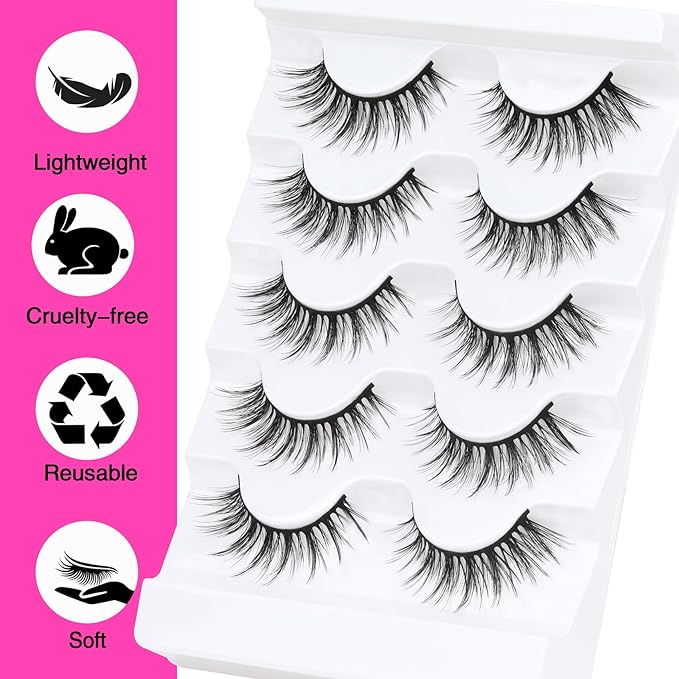 Veleasha Lashes Wispy False Eyelashes 100% Handmade Eyelashes Natural Look Fake Lashes Lightweight Lashes with Soft Cotton Band 5 Pairs Pack (G2-Black Cotton Band)