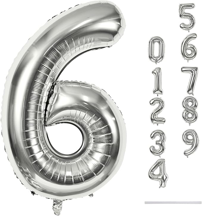 40" Silver Number 6 Balloon for Girls Boys, Large Self Inflating Helium Foil Number Balloons Set 0-9 for Women Men 6th 16th 60th Birthday Anniversary Wedding New Year Party Decorations Supplies