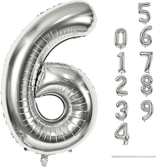 40" Silver Number 6 Balloon for Girls Boys, Large Self Inflating Helium Foil Number Balloons Set 0-9 for Women Men 6th 16th 60th Birthday Anniversary Wedding New Year Party Decorations Supplies