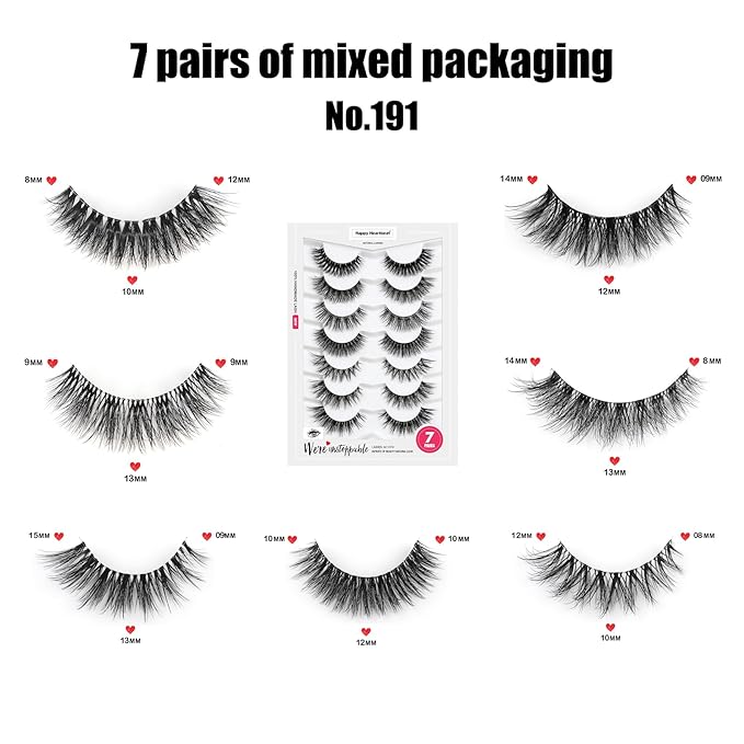 3D Clear Band False EyeLashes Soft Faux Mink Lashes Wispy Fluffy Eyelashes Natural Cat Eye Short Reusable 7 Pairs Happy Heartbeat(No.191)
