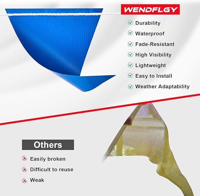 Safety Warning Pennant Banner Flags – Multipurpose OSHA High Visibility Colored Triangle Flags for Roadwork, Party and Hazard Areas(BLUE+WHITE+YELLOW,45pcs,105FT)