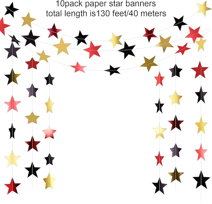 Patelai Glitter Star Garland Banner New Years Decor 130 Feet Star Hanging Banner Twinkle Backdrop for Birthday Classroom Wedding Halloween Christmas Party Supplies(Red, Black, Gold)