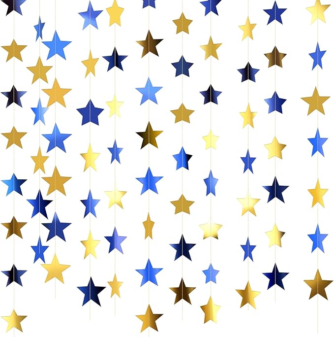 Patelai Glitter Star Garland Banner New Years Decor 130 Feet Star Hanging Banner Twinkle Backdrop for Birthday Classroom Wedding Halloween Christmas Party Supplies(Blue, Gold)