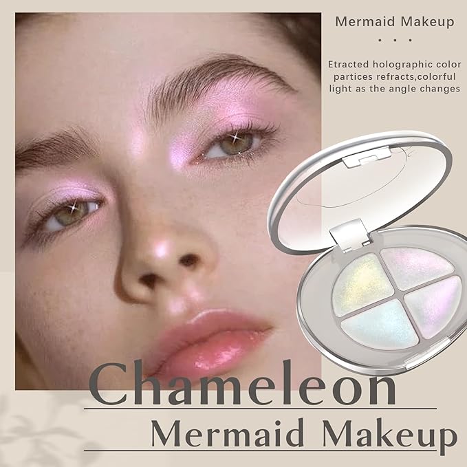 4 Colors Holographic Multichrome Glitter Eyeshadow Palette, Chameleon White Color Shift Glitter Iridescent Baked Eyeshadow Powder, Sparkling Smooth Shimmer Face Highlighter Fairy Makeup 01