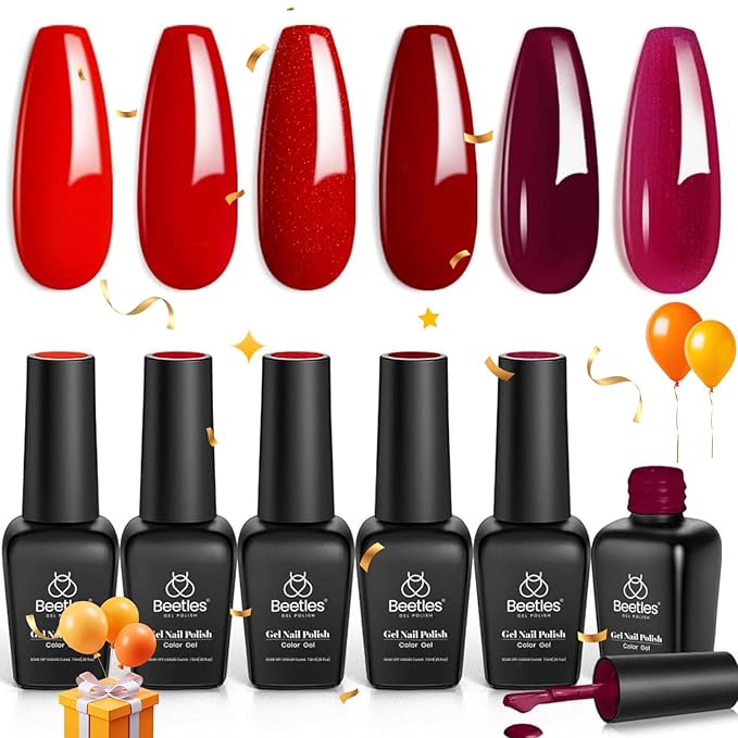 Beetles Red Gel Polish Set - 6 Colors Burgundy Red Gel Nail Polish Popular Shimmer Red-Obsession Collection Nails Art Design Soak Off Uv LED Nail Kit Minicure DIY Home Gifts for Women