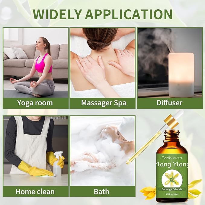 Sedbuwza Ylang Ylang Essential Oil, Ylang Ylang Oil 100% Pure Natural Ylang Ylang Fragrance Oil for Massage Diffuser Humidifier Candle Soap Aromatherapy Making - 3.38 OZ