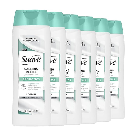 Suave Calming Relief Hand & Body Lotion for Women With Prebiotics For Sensitive Skin, Fragrance & Allergen Free, Helps Restore Skin's Moisture Barrier, 18 FL OZ, 6 Pack