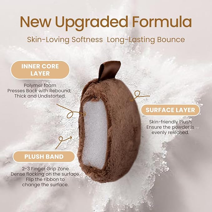 Momo's Workshop Face Fluffy Powder Puff for Makeup,Large Soft Velour Makeup Puff for Loose Or Pressed Powders,2pcs Cute Brown Powder Puffs & Storage Case