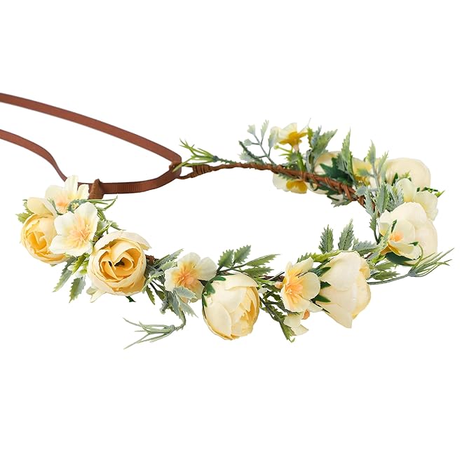 Yellow Flower Crown Headband - Fairy Floral Headpiece Renaissance Flower Crown for Women Girls Weeding Birthday Party Cosplay Photo Prop