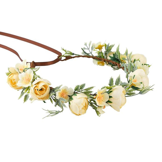 Yellow Flower Crown Headband - Fairy Floral Headpiece Renaissance Flower Crown for Women Girls Weeding Birthday Party Cosplay Photo Prop