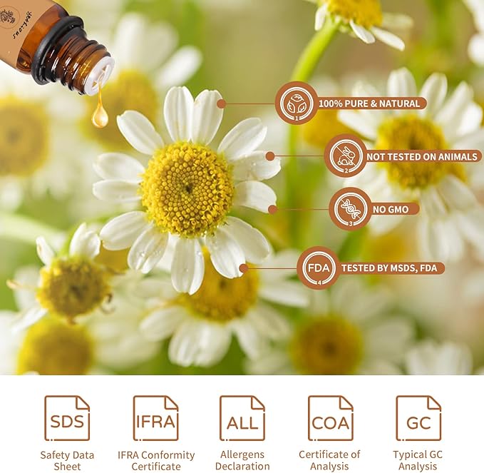 Yethious Organic Chamomile Essential Oil 100% Pure Aromatherapy Oils for Diffuser, Skin, Hair and Face, 10 Milliliters