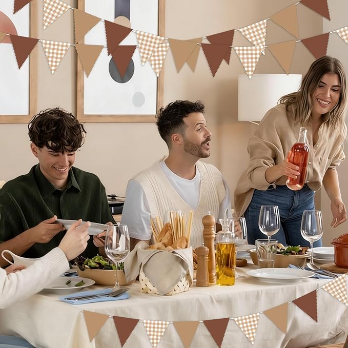 33 Ft Gingham Hanging Banner Decoration Brown Pennant Plaid Triangle Flag Fabric Bunting Garland for Birthday Baby Shower Party Supplies