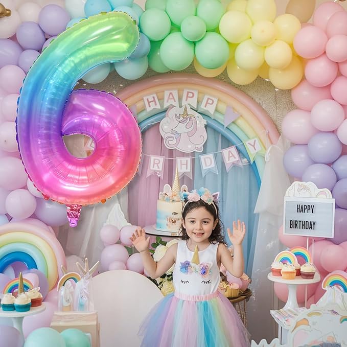 40 Inch 6 Balloon Number, Large Rainbow Foil Number 6 Balloons Birthday Party Decor, Helium Mylar Self Inflating Pastel Colorful Multicolor Balloon for Girls Kids 6th Birthday Anniversary Decorations