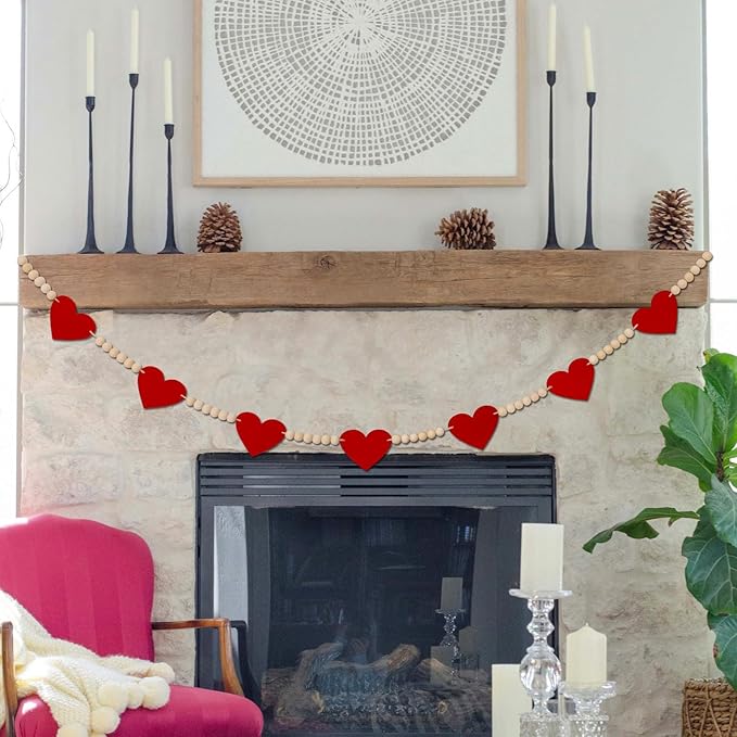 Valentine's Day Heart Decorations, Felt Hearts Wood Bead Garland Banner for Valentine's Day Decor