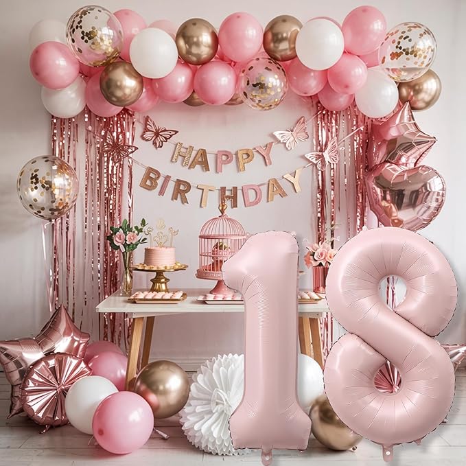 Pastel Pink 18 Balloon Numbers for Girls, 40'' Self Inflating Number 18 Balloons for 18 Year Old Birthday, Big Blush Pink Foil 1 & 8 Helium Balloon for Boho Coquette 18th Birthday Party Decorations