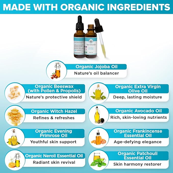 Organic Face & Eye Serum By BeeFriendly, Deep Hydration, Nourishes, Tightens, and Firms Facial Skin, and Lifts Facial Skin USDA Certified & All Natural Serum for Face, Women or Men, 1 oz