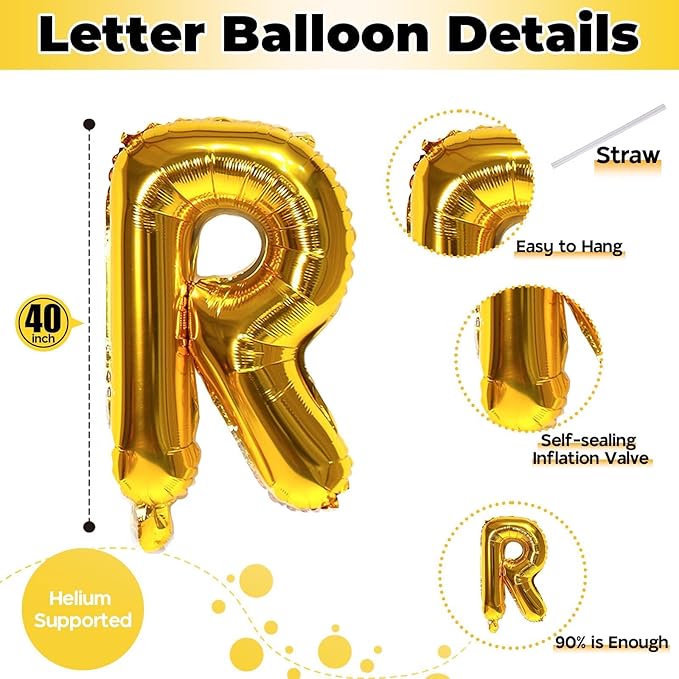 40 Inch Foil Letter Balloon, Big Alphabet R Word, Large Self Inflating Gold Decor for Custom Name, Helium Balloons for Women Birthday Party Anniversary Decoration Supplies
