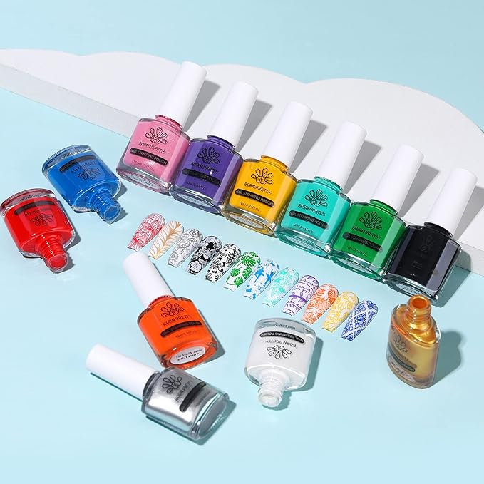 Born Pretty Nail Stamping Polish, Fingernail Stamp Polish Set Manicure Print Nail Polish for Plates 12 Colors Bulk Gift Collection 10ml 0.34fl oz Ideal Gifts