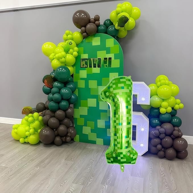 40 Inch Green Pixel Number 1 Balloon for 1st Birthday Decorations, Large Dark Kelly Lime Green Foil 1 Balloon Number for Boys One Year Old Birthday Baby Shower Video Game Patrick's Day Party Decor