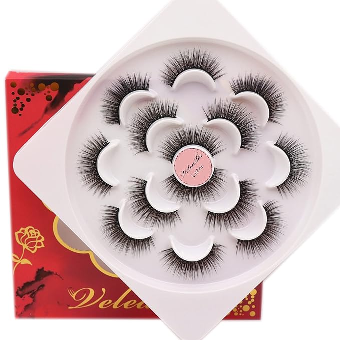 Veleasha Lashes 5D Faux Mink Lashes False Eyelashes Handmade Eye Lashes Wispy Fluffy Fake Lashes Eyelashes Natural Look 7 Pairs Luxurious Volume Fake Eyelashes Pack (5D32)