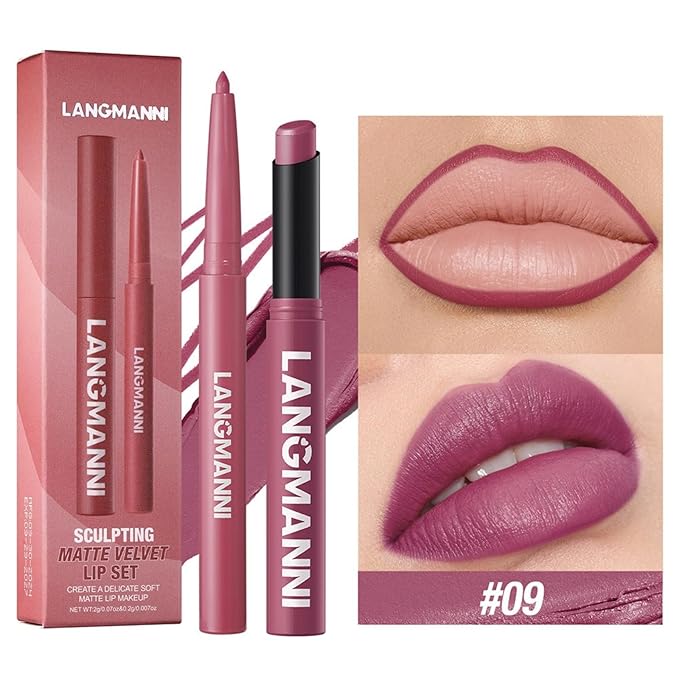 Lip Liner + Lipstick Set (12 Shades Available) -Matte Lipstick for Women, Silk Finish Hydration Lip Kit, Waterproof Smooth Creamy Texture, Bold to Nude Shades for Daily & Party Wear, Makeup Gift (09)