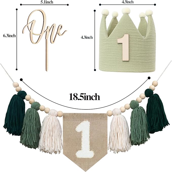 1st Green High chair Banner Wood Bead Tassel Garland Crown Hat Wooden Cake Topper Birthday Party Decorations