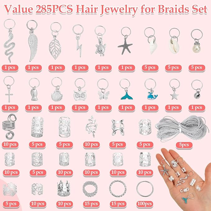 285PCS Silver Hair Jewelry for Braids, 37 Styles Loc Jewelry Charms for Women and Men, Adjustable Metal Hair Cuffs Rings and Clips, Braids and Dreadlocks Accessories, Braiding Hair Jewelry Decorations