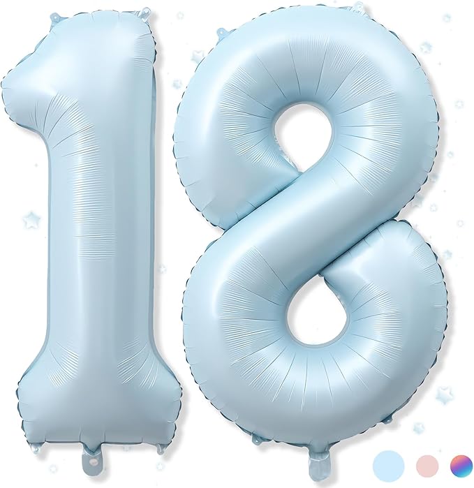 40 Inch 18 Balloon Number, Large Pastel Baby Matte Blue Foil Number 18 Balloons Birthday Party Decor, Light Sky Blue Helium Mylar Self Inflating Balloon for Men 18th Birthday Anniversary Decorations