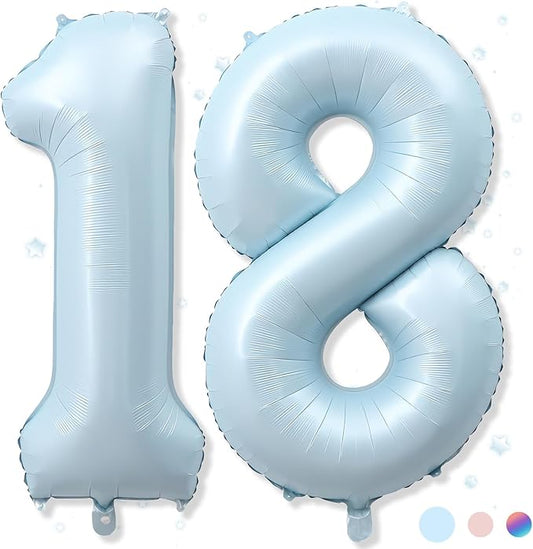 40 Inch 18 Balloon Number, Large Pastel Baby Matte Blue Foil Number 18 Balloons Birthday Party Decor, Light Sky Blue Helium Mylar Self Inflating Balloon for Men 18th Birthday Anniversary Decorations