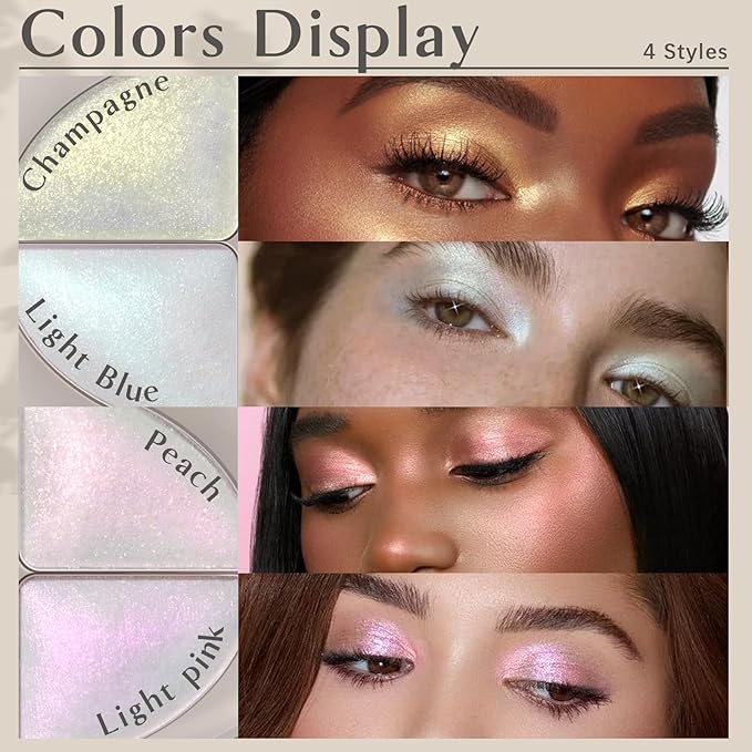 4 Colors Holographic Multichrome Glitter Eyeshadow Palette, Chameleon White Color Shift Glitter Iridescent Baked Eyeshadow Powder, Sparkling Smooth Shimmer Face Highlighter Fairy Makeup 01