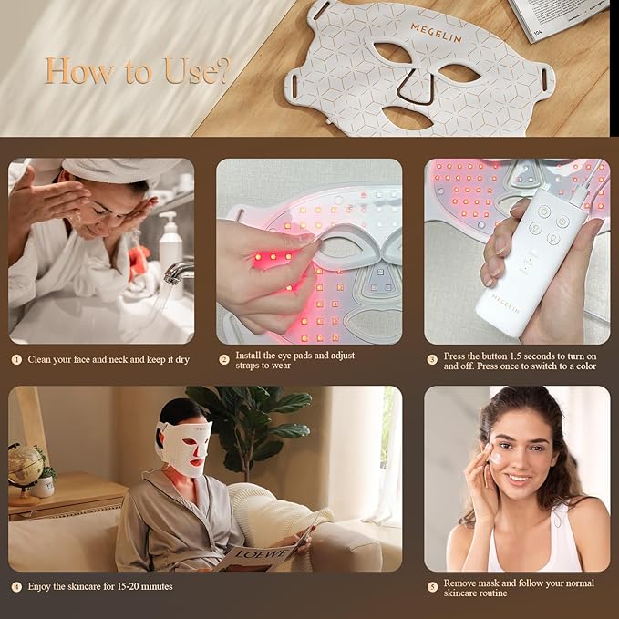 MEGELIN 7 Colors Led Light Therapy Facial Mask, Face Light Therapy Mask for Face, Reduce Wrinkles Smooth Skin, Infrared Light Skin Rejuvenation(White)