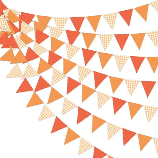33 Ft Hanging Banner Decoration Triangle Flag Orange Pennant Plaid Fabric Bunting Garland for Birthday Wedding Baby Shower Party Supplies