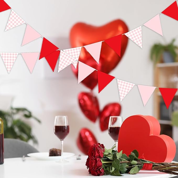 33 Ft Valentine's Day Hanging Banner Decoration Triangle Flag Red Pink Pennant Plaid Fabric Bunting Garland for Anniversary Wedding Baby Shower Party Supplies