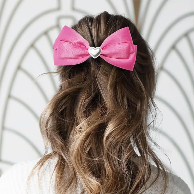 2pcs Pink hair bows for girls, cute bow hair clips for women, hot pink hair bow with alligator hair clip, christmas and valentines hair bows, hair accessories for girls