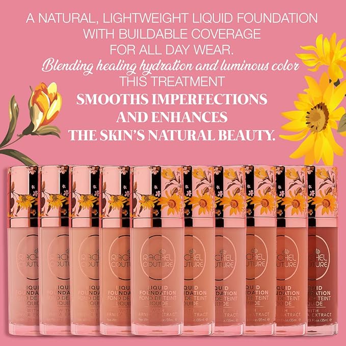 Rachel Couture Lightweight Liquid Foundation with Buildable Coverage & Matte Finish | Vegan & Cruelty-Free | Skin-Nourishing Arnica Extract Infusion - 1.18 Fl Oz - Beige