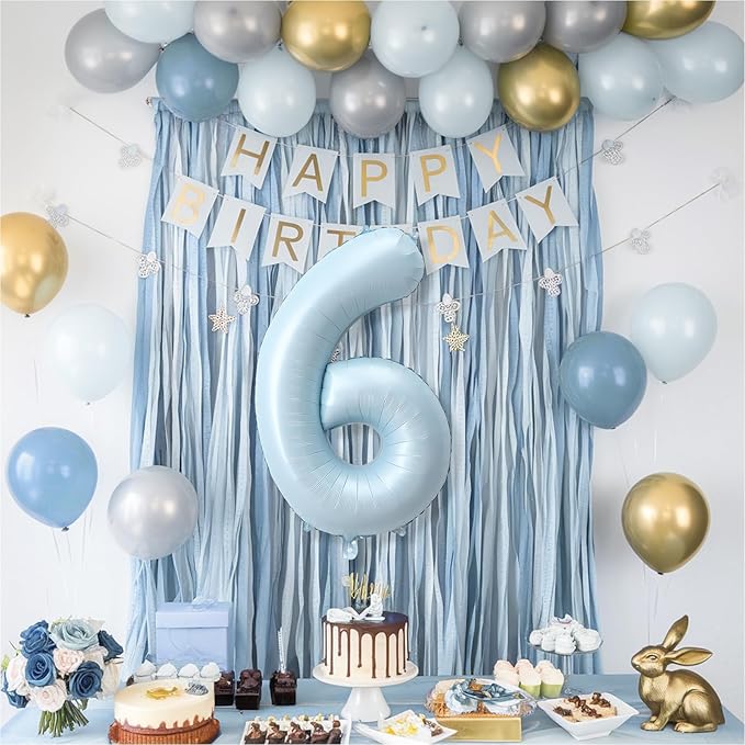 40 Inch 6 Balloon Number, Large Pastel Baby Sky Blue Foil Number 6 Balloons Birthday Party Decor, Light Powder Blue Helium Mylar Self Inflating Balloon for Boys Kid 6th Birthday Anniversary Decoration