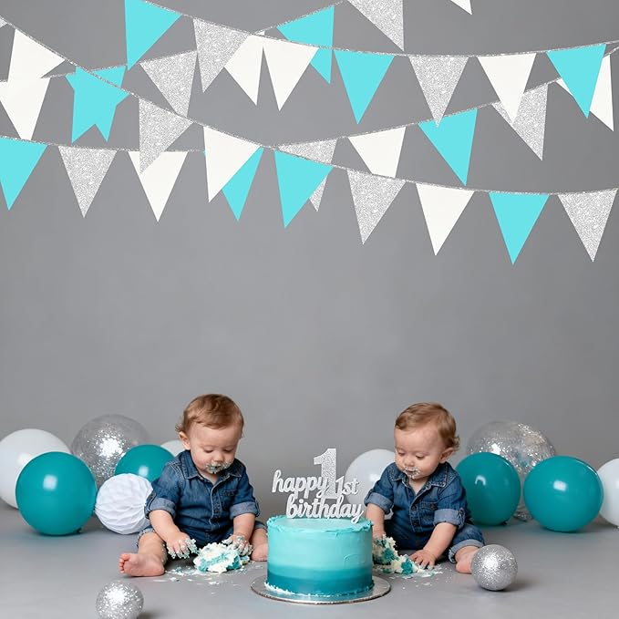 Teal Blue and Silver White Pennant Banner Flag Hanging Glitter Paper Triangle Bunting for Birthday Baby Shower Graduation Bridal Shower Wedding Engagement Turquoise Aqua Party Decorations Supplies