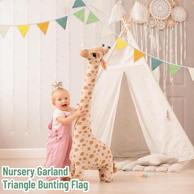 2PCS Pennant Banner Flags, Fabric Bunting Banner Nursery Garland Decor, Baby Shower Garland, Triangle Flags for Baby Boy Room, Playroom, Boho Birthday Party Decor, Each 7.75 ft (Green Yellow)