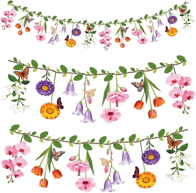 2PCS Flower Banner Reusable Wildflower Garland Floral for Spring Party Enchanted Garden Theme Picnic Wedding Baby Shower Birthday Tea Party Christmas Valentine's Day Supplies Home Decorations