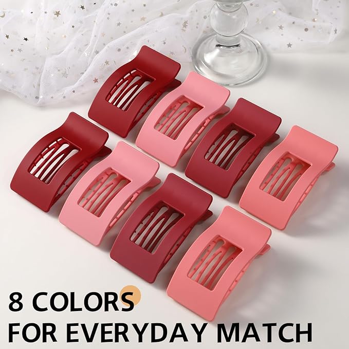 8 Pack French Flat Hair Clips for Women – Large Matte No-Slip Claw Barrettes for Thick & Thin Hair, Strong Hold Styling Accessories (Red and Pink)