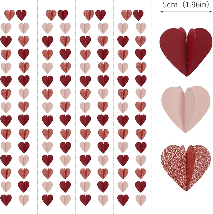 Rose-Gold Pink Burgundy-Red 3D-Heart Garland - 39Ft Party Decorations Hanging Paper Streamers Banner,Engagement Wedding Bachelorette Baby Bridal Shower Decor Ouruola